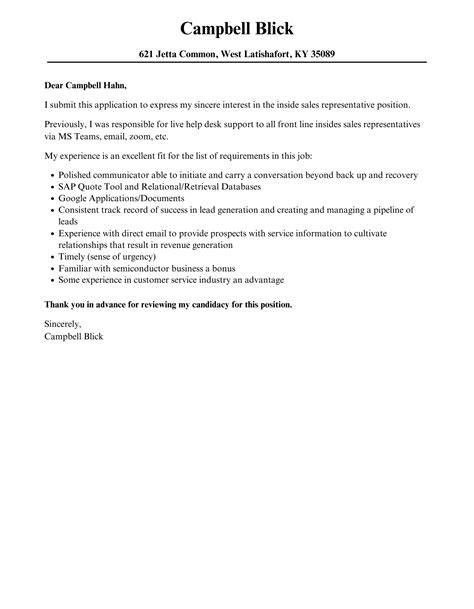 Inside Sales Representative Cover Letter | Velvet Jobs