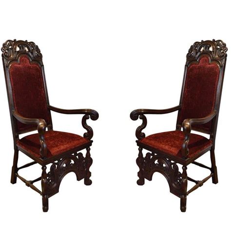 Pair Of French Antique 19th Century Hand Carved Walnut High Back