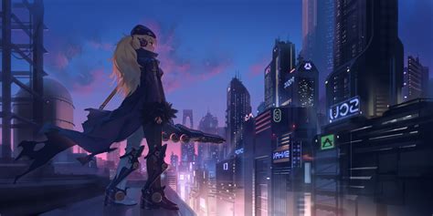 Wallpaper Futuristic Anime City Cyberpunk Anime Girl Skyscrapers