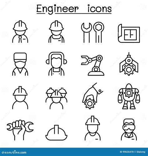 Engineer Icon Set In Thin Line Style Stock Vector Illustration Of