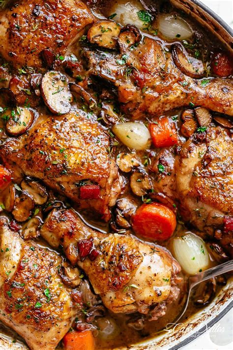 Coq au vin in a casserole dish
