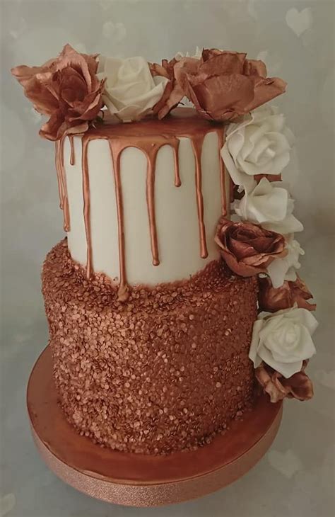 Rose Gold 2 Tier Confetti And Drip Cake With Large Roses Birthday