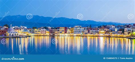 Panoramic View Of The Venetian Harbour At Dusk Chania Stock Image