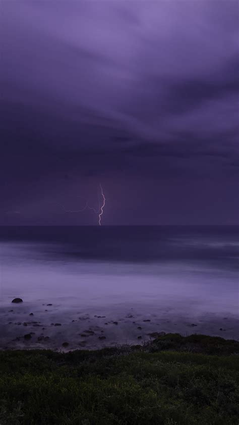 Coast Ocean Thunderstorm Under Purple White Clouds Sky 4k Hd Nature
