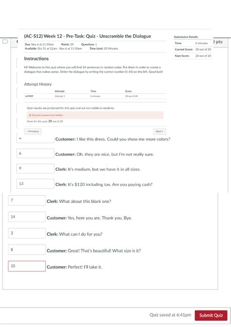 (AC-S12) Week 12- Pre-Task Quiz Unscramble the Dialogue - Ingles II