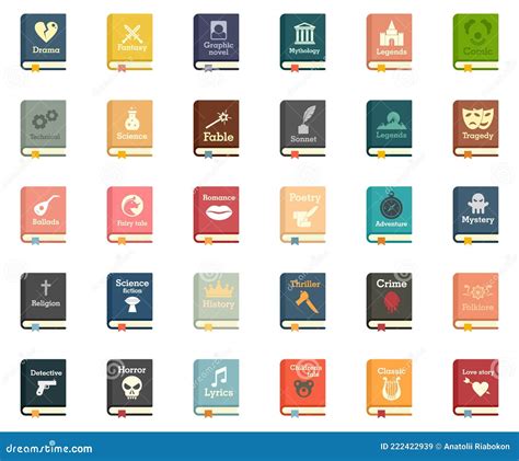 Literary Genres Icons Set Flat Vector Isolated Stock Vector