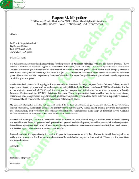 An education administrator cover letter sample is provided here to show how a job applicant can apply for a position organizing and supervising educational programs whether in schools or museums or libraries. Assistant Principal's Cover Letter Example