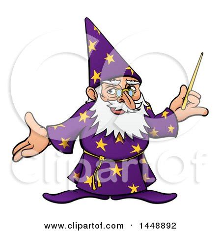 Clipart Of A Cartoon Old Wizard Holding A Wand And Presenting Royalty Free Vector Illustration
