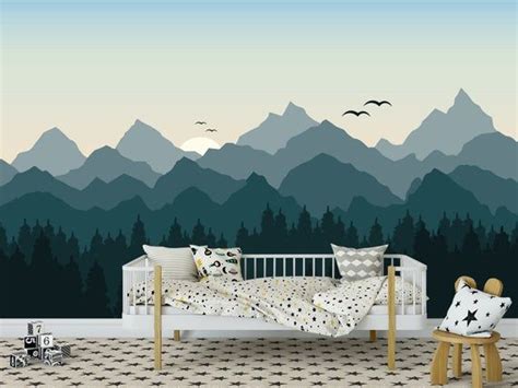 Blue And Grey Mountain Wallpaper Geometric Mountains With Sun Etsy In