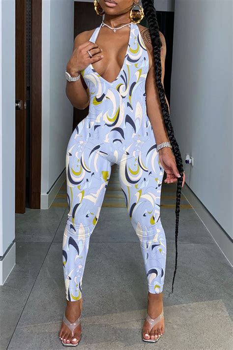 sky blue sexy print patchwork backless halter skinny jumpsuits jumpsuits knowfashionstyle