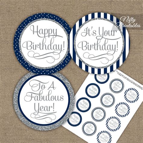Happy Birthday Cupcake Toppers - Navy Blue Silver Stripe ...