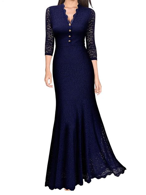 Himone Women Lace V Neck Fishtail Prom Long Maxi Dress Retro Evening