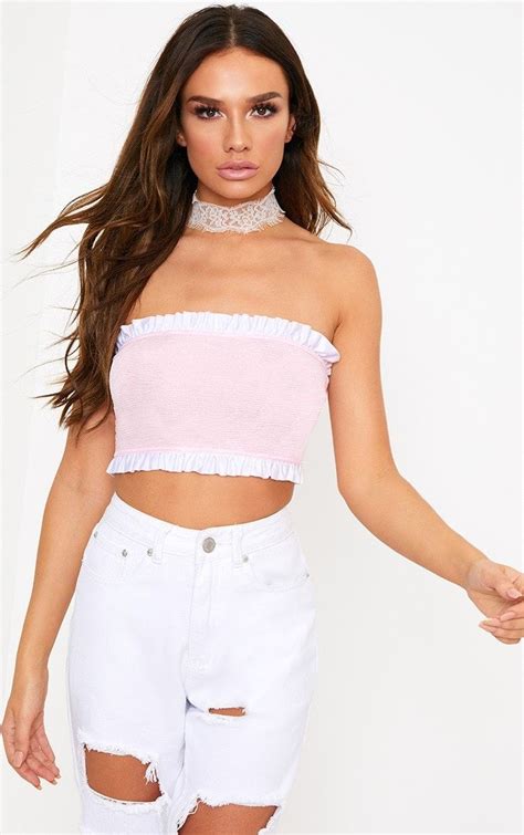 Baby Pink Crinkle Frill Bandeau Top Bandeau Top Tops Bandeau