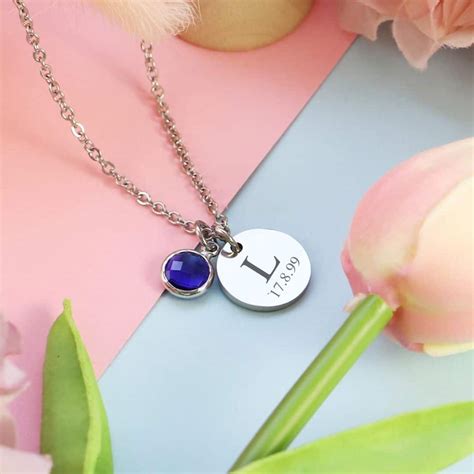 Initial Date Disc Birthstone Necklace Charm Bear
