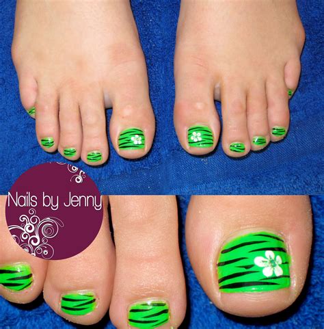 Lime green Pedicure with Flowers and Zebra Stripes! Toe Nail Art, Easy