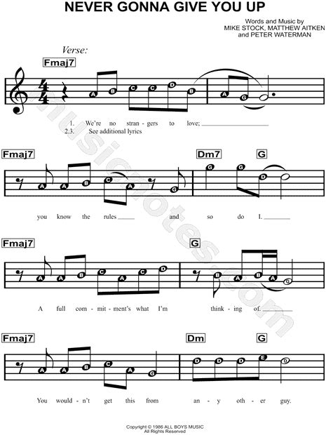 Rick Astley Never Gonna Give You Up Sheet Music For Beginners In C Major Download And Print