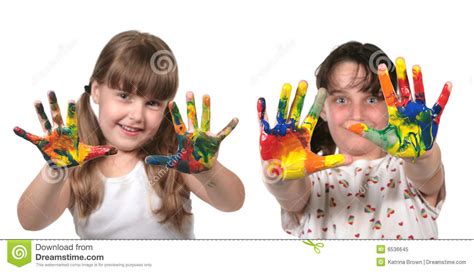 Happy School Children Painting With Hands Stock Image