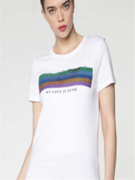 buy only women white self design round neck pure cotton t shirt tshirts for women 8943661 myntra