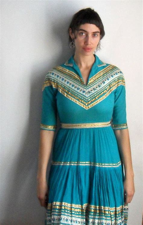 Turquoise Gold Silver White 50s Western Dress Retro Square Dance