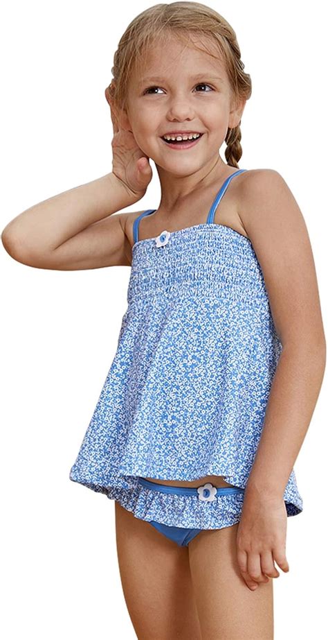 Kid Girls Tankini Two Swimwear Two Piece Swimsuit Beachwear Summer Blue Printed Bathing Suits