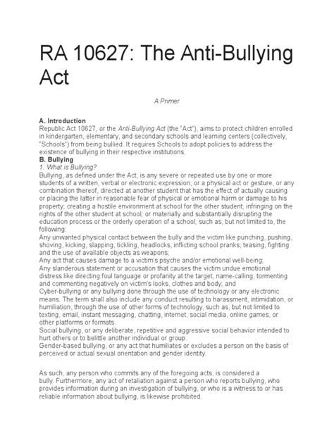 Ra 10627 The Anti Bullying Act A Primer Pdf Bullying Injustice