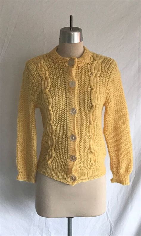 1960s Sunshine Yellow Cabled Bulky Mohair Wool Mod Cardigan Etsy