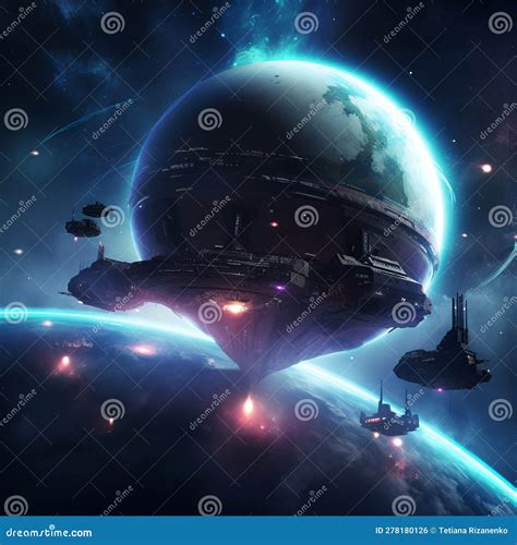 Universe Scene With Spaceships Planets And Stars In Outer Space Ai