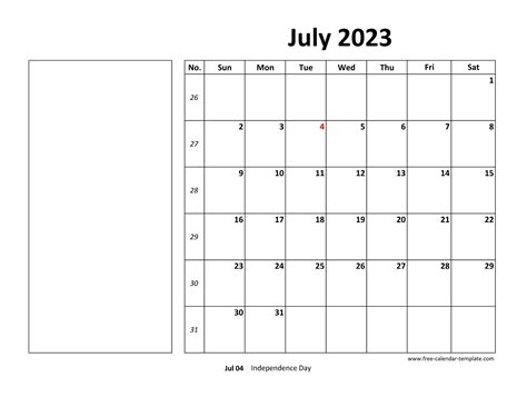 Printable July 2023 Calendar Box And Lines For Notes Free Calendar