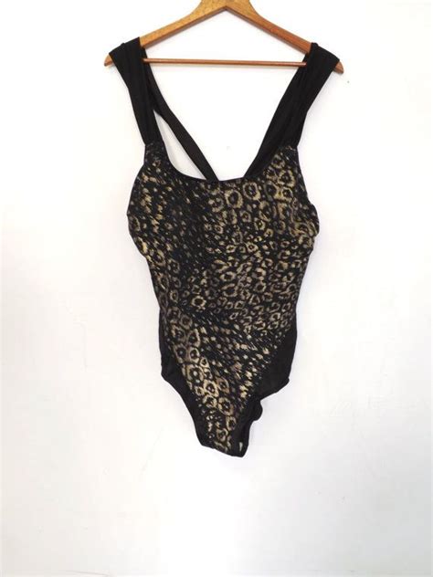 Plus Size 22 W Vintage 1980s Leopard Print Black Bathing