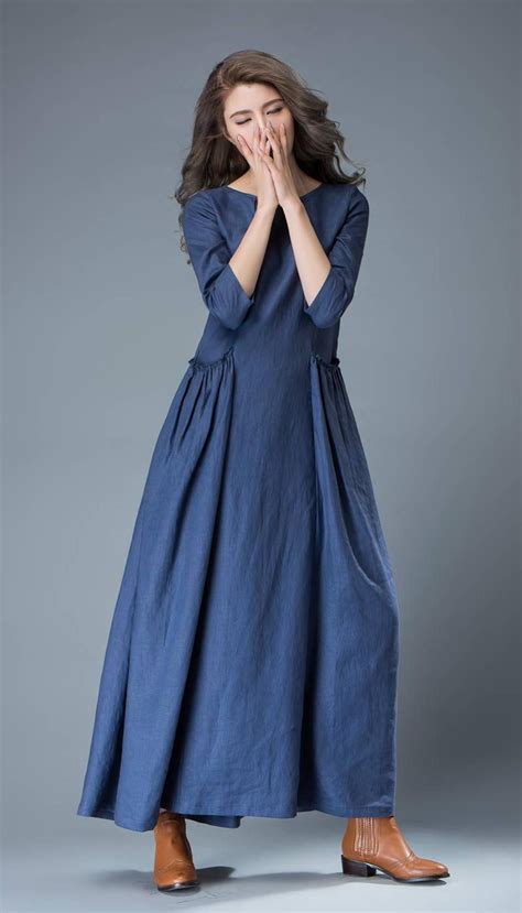 Blue Maxi Linen Dress Cobalt Long Spring Summer Handmade Casual Everyday Womans Dress With Half