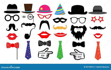 Retro Party Set Glasses Hats Lips Mustaches Tie Monocle Isolated