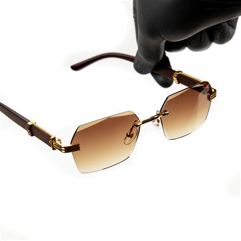 Mens Rimless Brown Tint Gold Frame Woodgrain Vintage Luxury Etsy Sunglass Frames Sunglasses