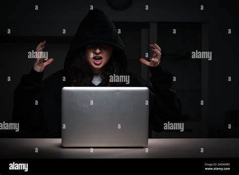 Female Hacker Hacking Security Firewall Late In Office Stock Photo Alamy