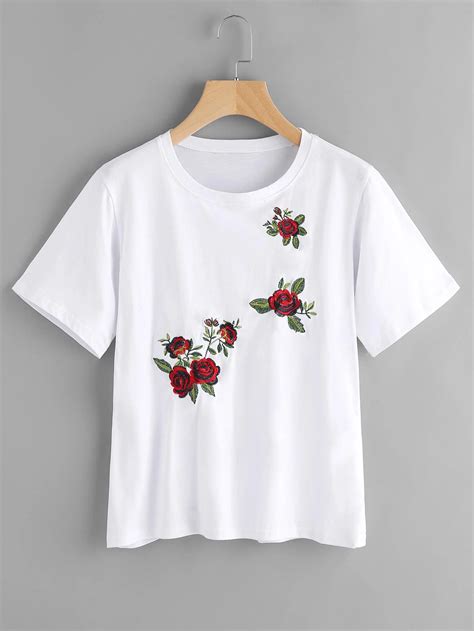 hot sell custom cheap womens bulk plain white t shirt embroidered flower tee shirt cotton tee