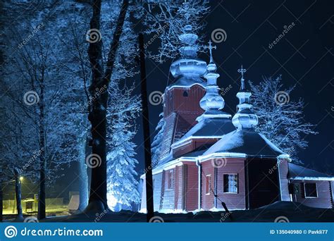 Scenery Of Wooden Church Photography In The Night In Snowy Winter In