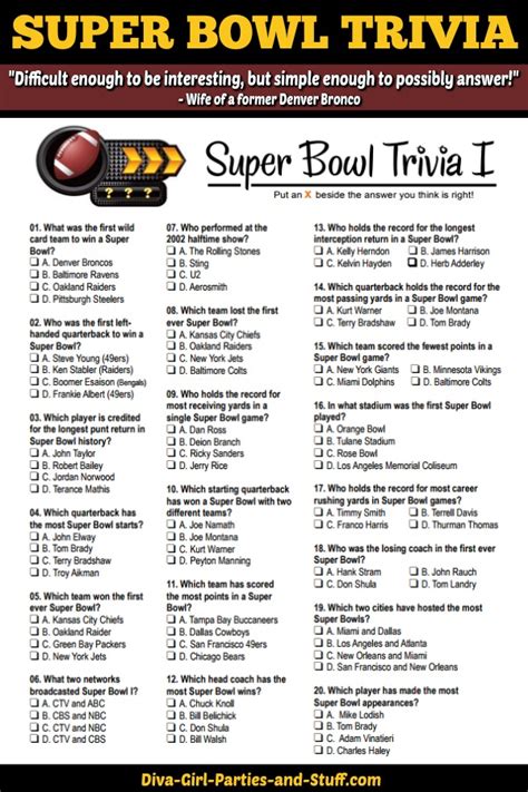 Put your film knowledge to the test and see how many movie trivia questions you can get right (we included the answers). Super Bowl Trivia Multiple Choice Printable Game | Updated ...