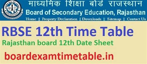 Rbse 12th Time Table 2021 Download Rajasthan Board 12th Date Sheet