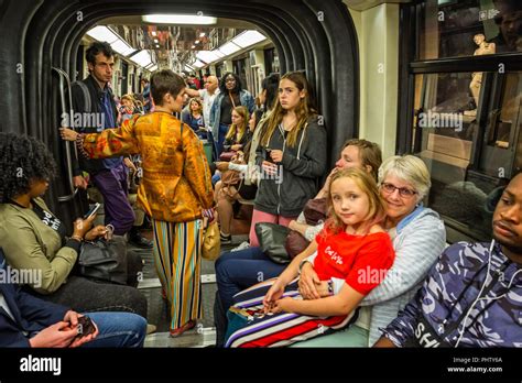 Inside A Crowded Metro Train On The Paris Metro System In France On August Stock Photo