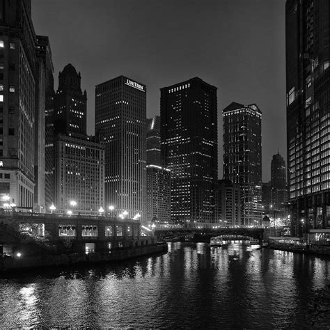 Chicago River At Night Black And White Night Photograph Of Downtown