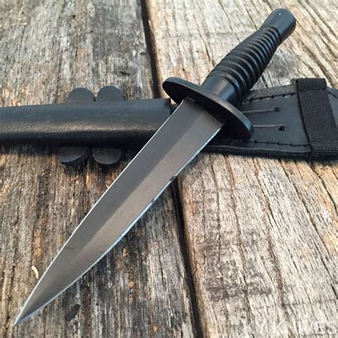British Commando Dagger Black Tactical Hunting Knife W Leather Sheath