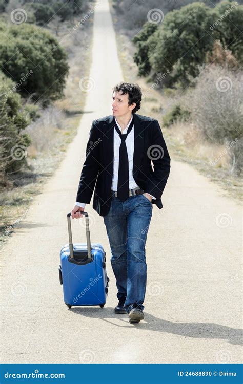 Man In Lonely Road With Suitcase Stock Photo Image Of Reliance