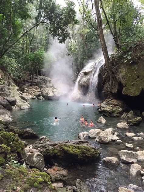 Hot Springs Waterfall Flowing Into A River Rio Dulce Guatemala