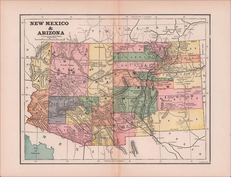 New Mexico And Arizona Antique Map Original 1886 Arizona Map Antique