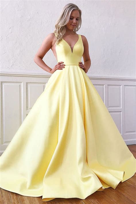 Simple Yellow V Neck Satin Long Prom Dress Yellow Formal Dress Dresstby