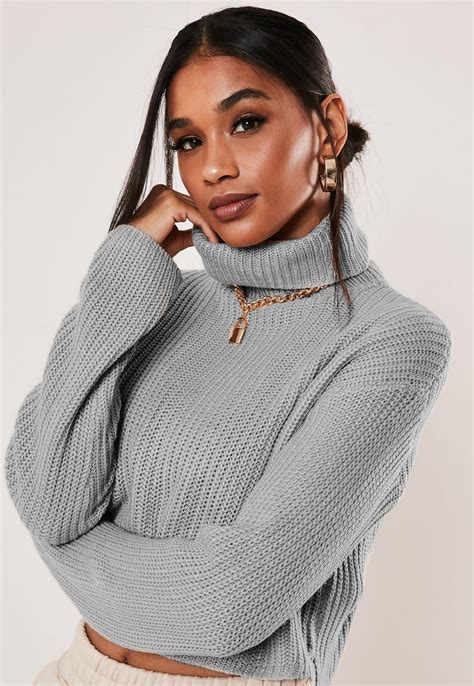Grey Roll Neck Cropped Knitted Jumper | Missguided Australia