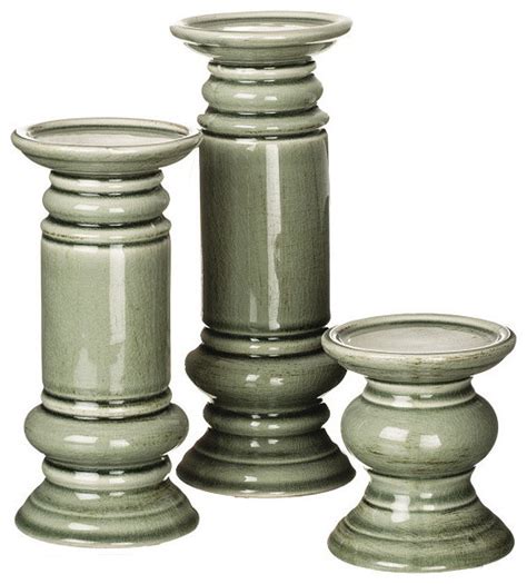 Pillar Holder Set Green Ceramic 3 Piece Traditional Candleholders