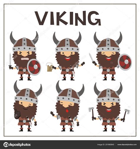 Conjunto Personajes Dibujos Animados Lindos Vikingos Con Barbas Cascos