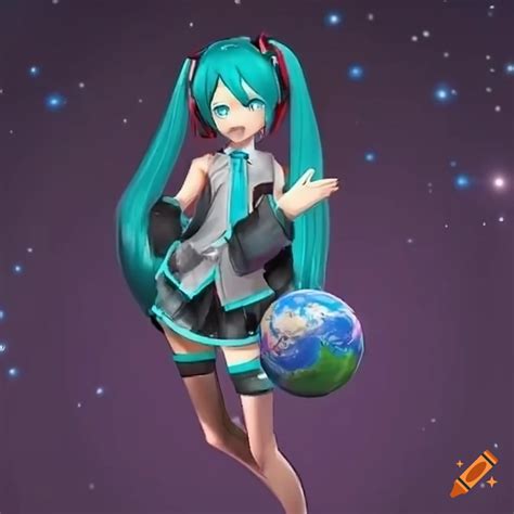 Illustration Of Hatsune Miku Holding A Miniature Earth In Space