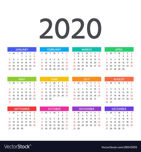 2020 Calendar Template Year Planner Royalty Free Vector