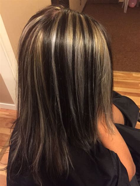 Long black hair with blonde highlights is a low maintenance balayage. Dark brown with blond chunks | Hair | Pinterest | Dark ...